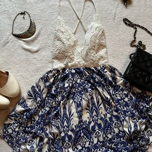 AKIRA White and Blue Backless Dress